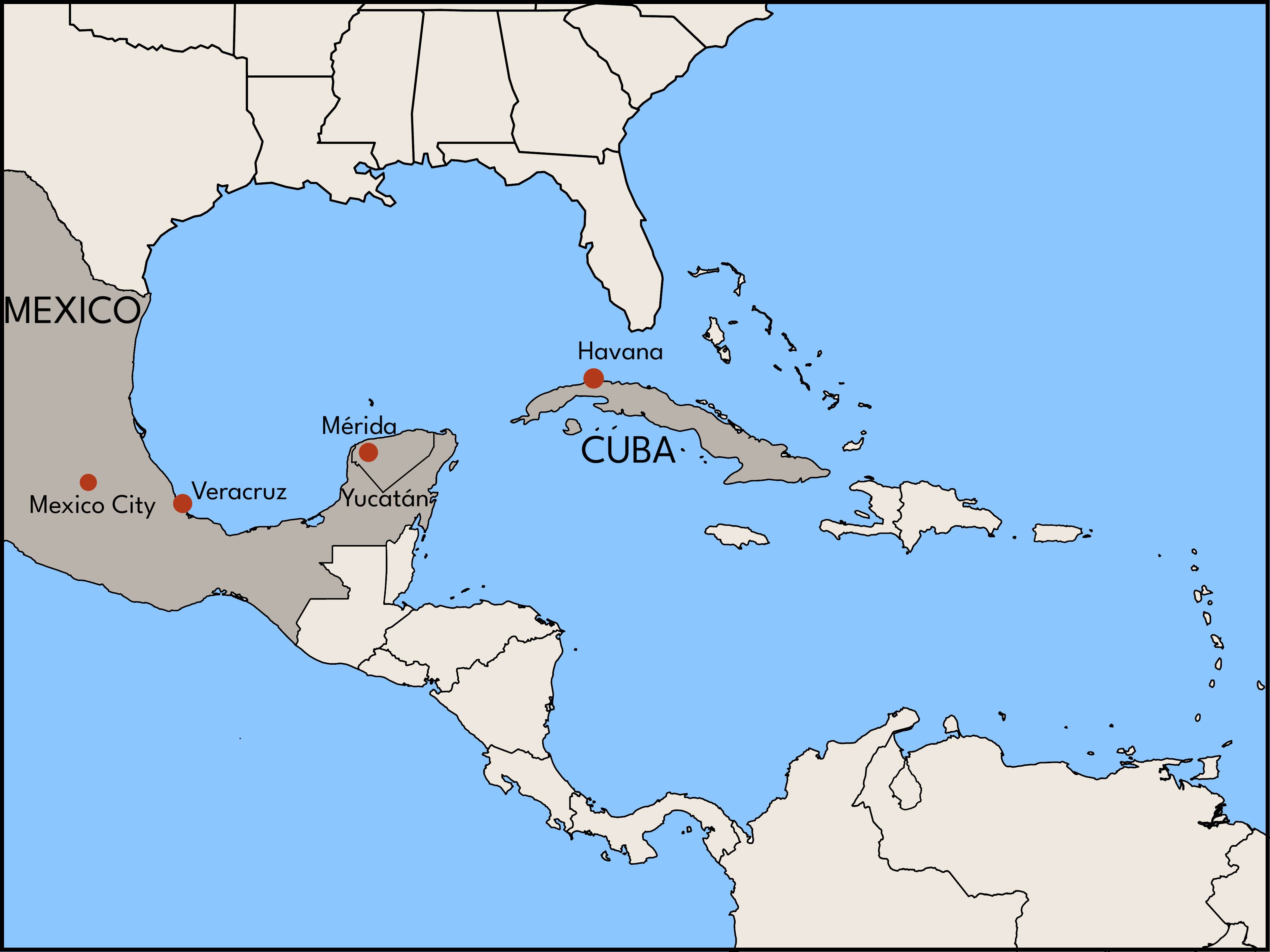Map of Caribbean highlighting Havana, Cuba, and cities in Mexico, including Veracruz, Mexico City and Mérida, Yucatán.