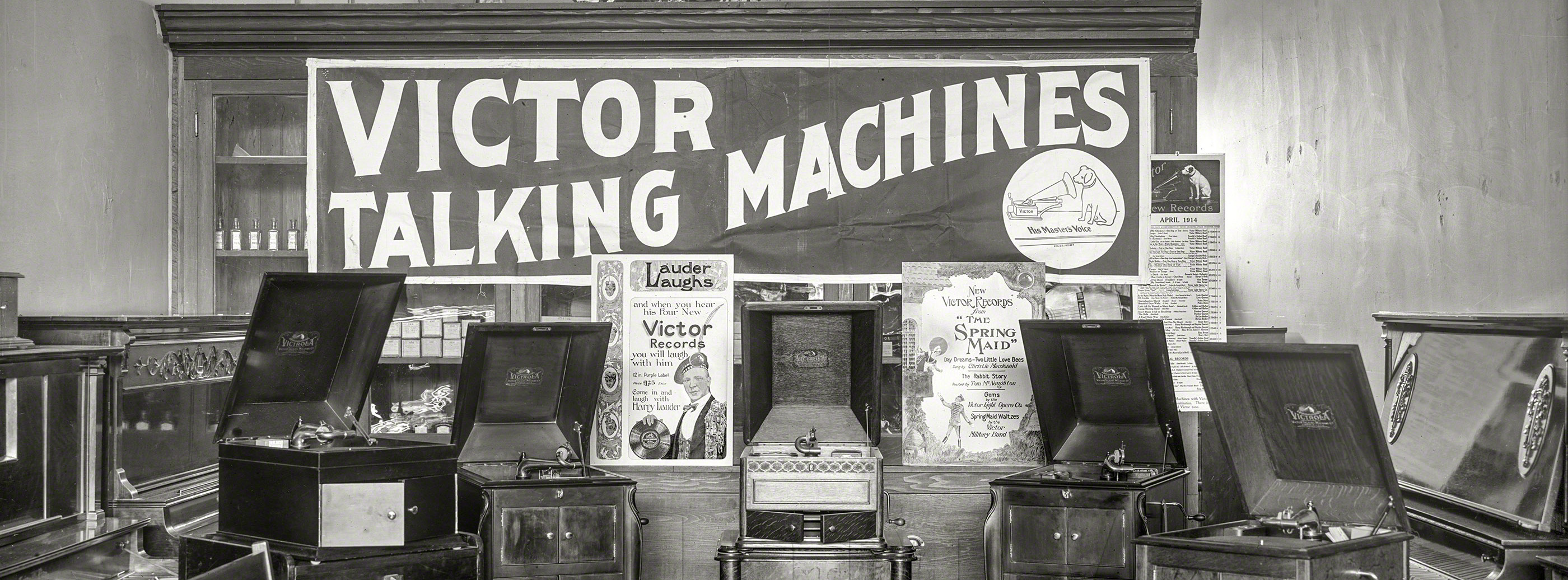 Photograph of a store display of Victor talking machines