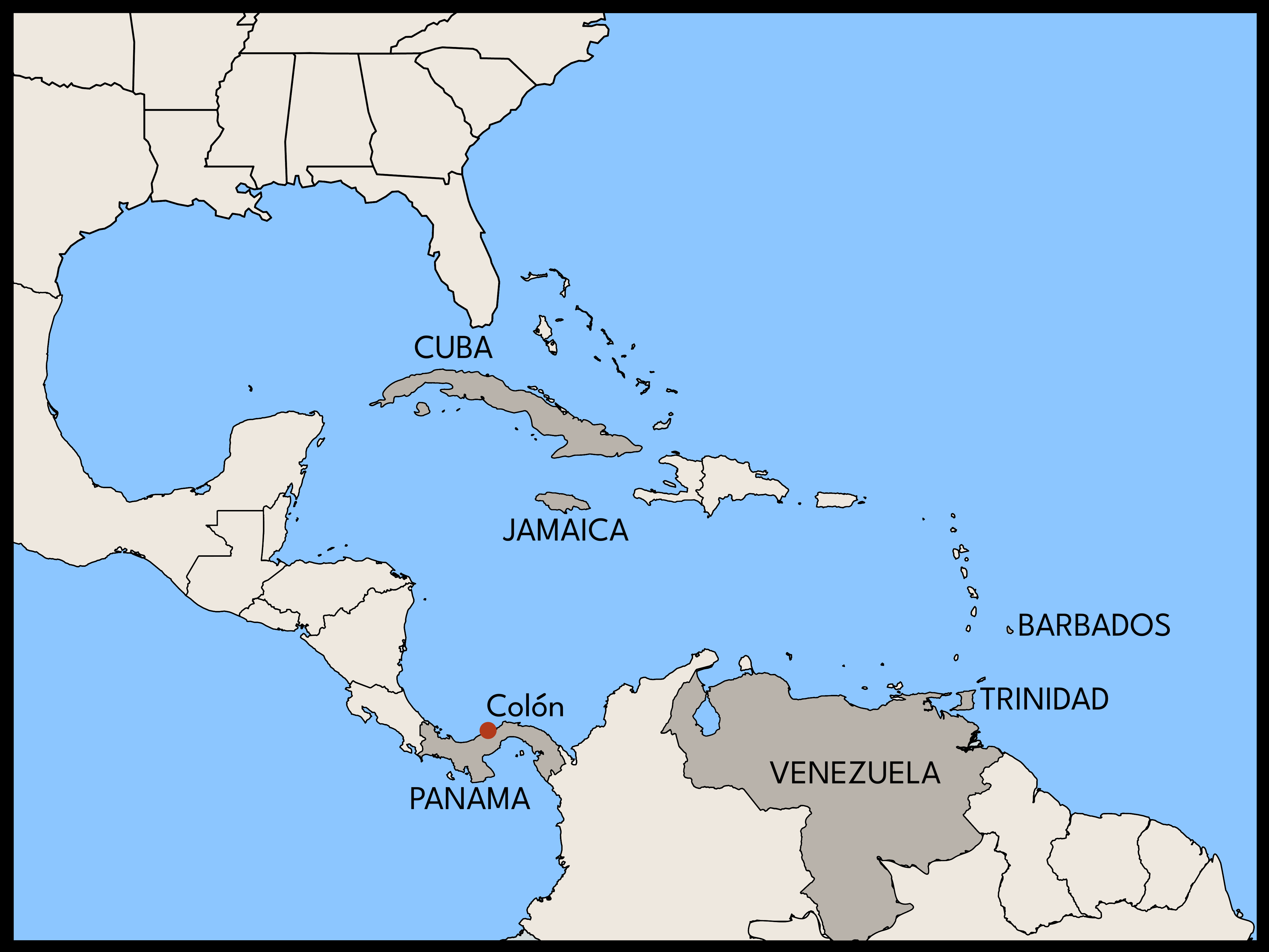 Map of the Caribbean highlighting Cuba, Jamaica, Colón, Panama, Barbados, Trinidad, and Venezuela.