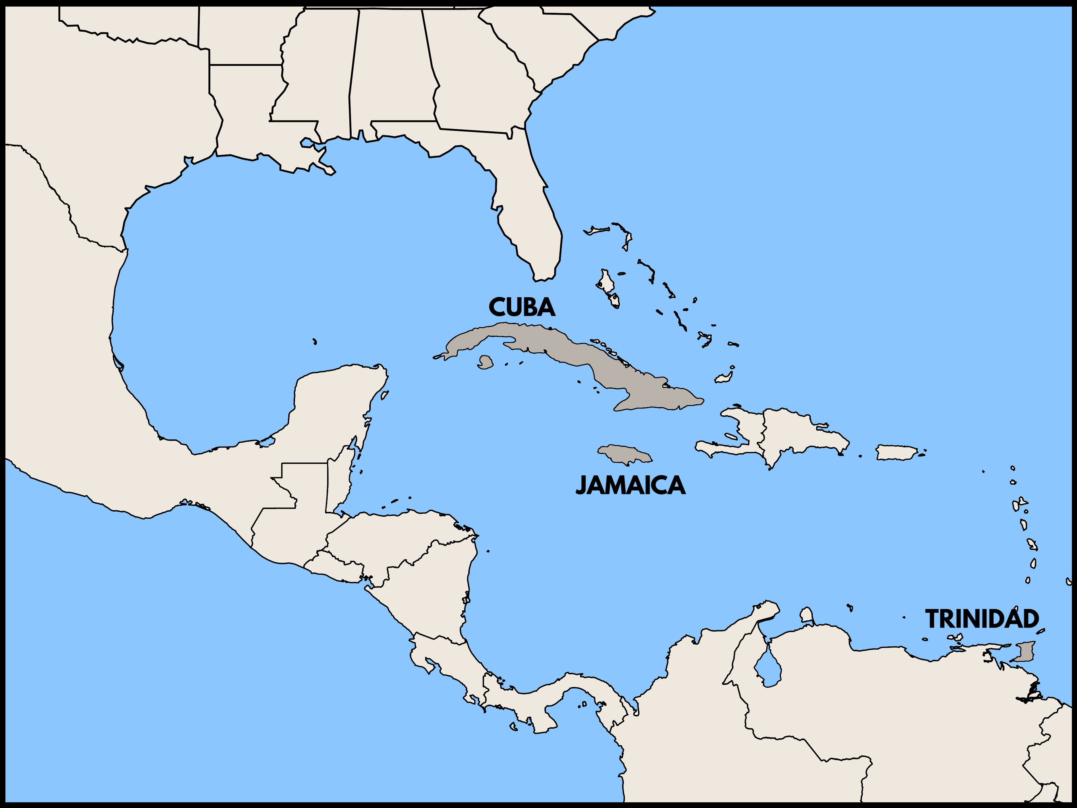Map of the Caribbean highlighting Jamaica, Cuba, and Trinidad