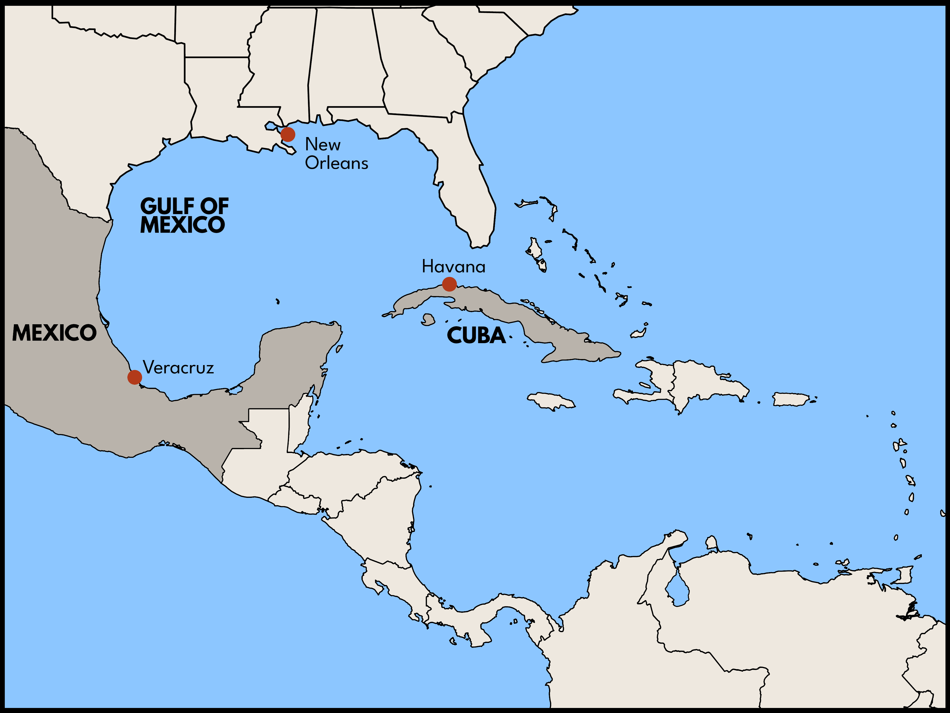 Map of the Caribbean highlighting Veracruz, Mexico, New Orleans, and Havana, Cuba.